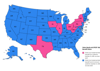 美国颜色的地图通过医疗补助ABA福利的实施状态编码