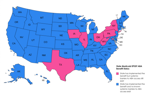 美国地图颜色编码的医疗补助ABA福利的实施状态