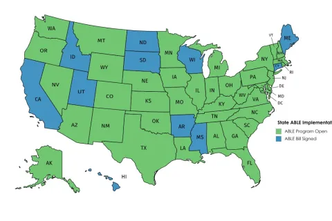 美国地图，根据ABLE法案是否签署和ABLE计划是否开放，用蓝色和绿色标记各州。