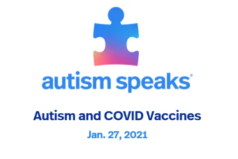 自闭症之声的标志图188金宝搏官网版下载最新片，下面的文字写着，自闭症和COVID疫苗，2021年1月27日