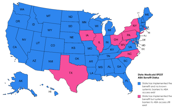 美国地图颜色编码的实施状况的医疗补助ABA福利